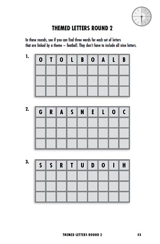 Page from “The Countdown Puzzle Book” showing letter grid challenges.