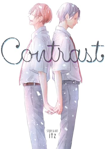 Two young men with contrasting hair colors holding hands, book cover “Contrast”.
