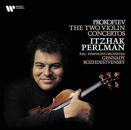 Itzhak Perlman portrait with violin, album cover for Prokofiev concertos.
