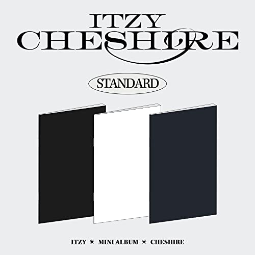 Itzy’s “Cheshire” album cover: black and white geometric shapes with text.