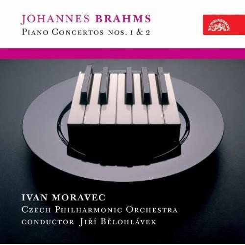 CD cover featuring piano keys on a plate, titled "Johannes Brahms Piano Concertos nos. 1 & 2".