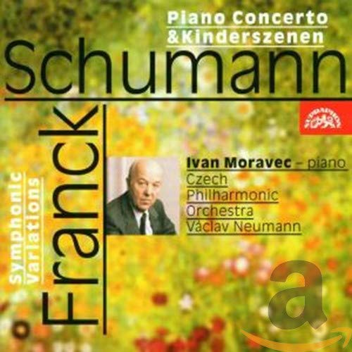 "CD cover with Schumann, Franck, Ivan Moravec, and Czech Philharmonic Orchestra text on floral background."