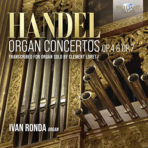 CD cover for Handel organ concertos featuring organ pipes and gold text.