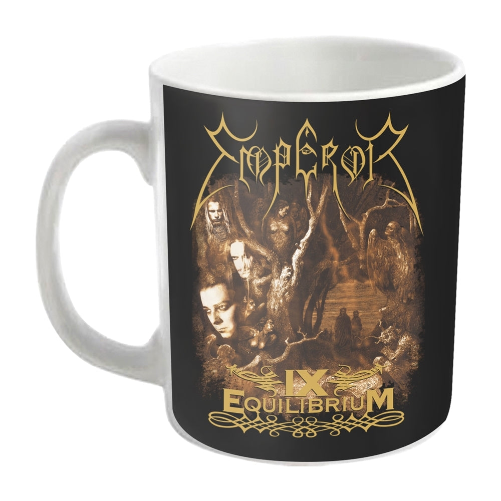 White ceramic mug with black design featuring figures and text.