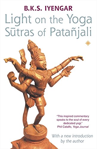 Book cover: "Light on the Yoga Sutras" with a statue of a multi-armed deity.