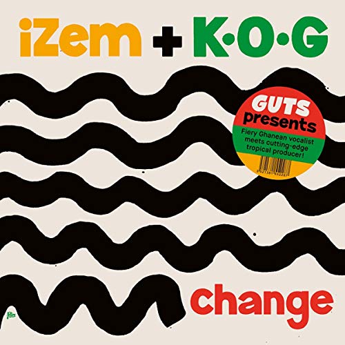 "Vinyl album cover with wavy black lines and colorful text on beige background."