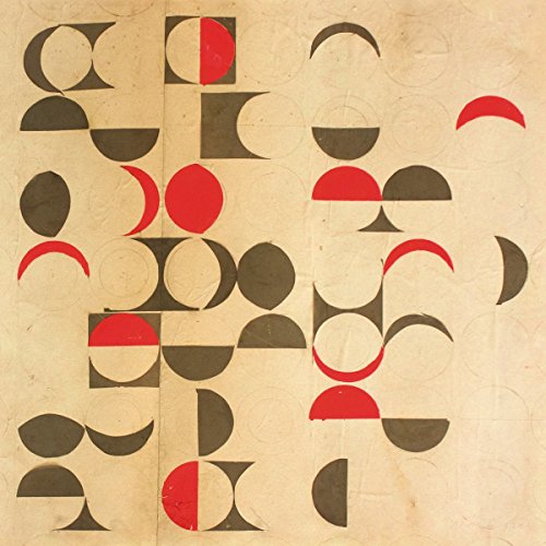Abstract geometric shapes in red, brown, and beige on a textured background.