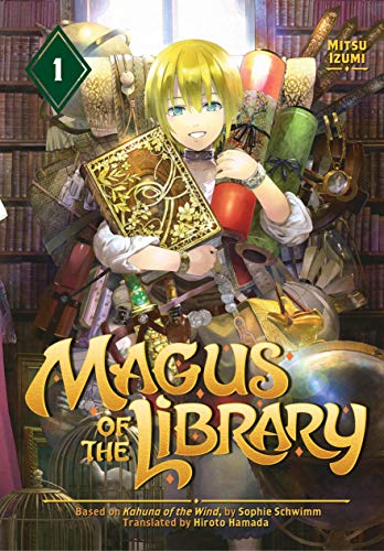 Manga cover: blonde boy with books and magical artifacts in a library.