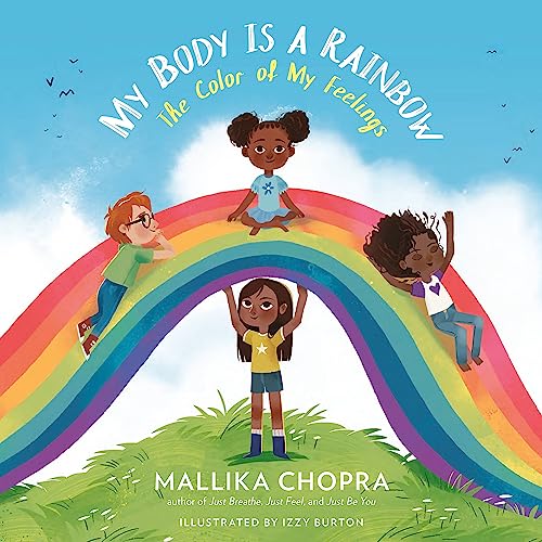 Children of color sit on a rainbow against a blue sky.