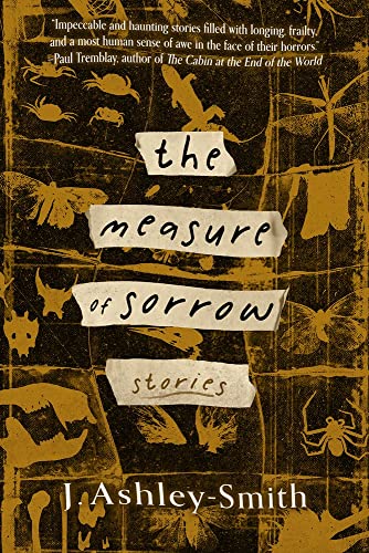 Book cover: “The Measure of Sorrow” with insect illustrations on a dark background.