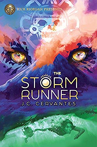 Book cover with a jaguar’s face, storm clouds, and a swimmer.
