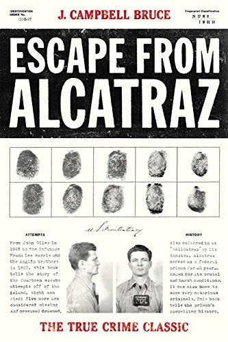 Book cover: "Escape from Alcatraz" with fingerprints and mugshots.