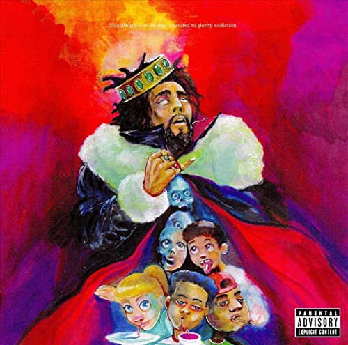 J. Cole album cover, KOD, featuring a painted portrait with figures below.