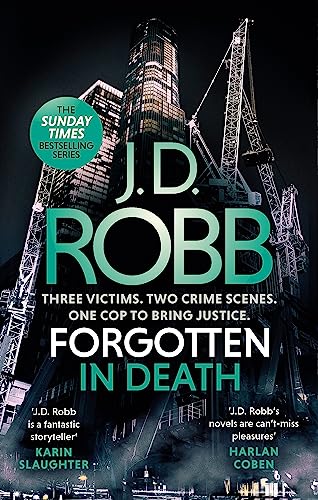 Book cover for Forgotten in Death by J.D. Robb featuring a dark city skyline.
