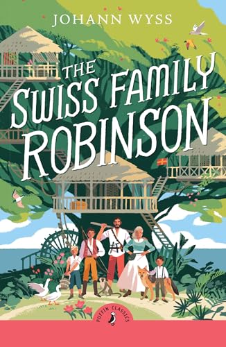Book cover illustration of a family standing before a treehouse on a tropical island.