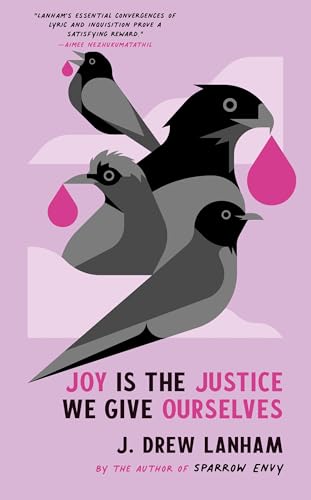 Book cover with stylized gray birds and pink teardrops, title text below.