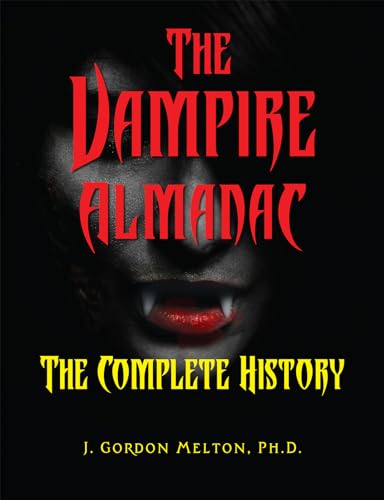 Book cover: "The Vampire Almanac" with a blurred, fanged face.