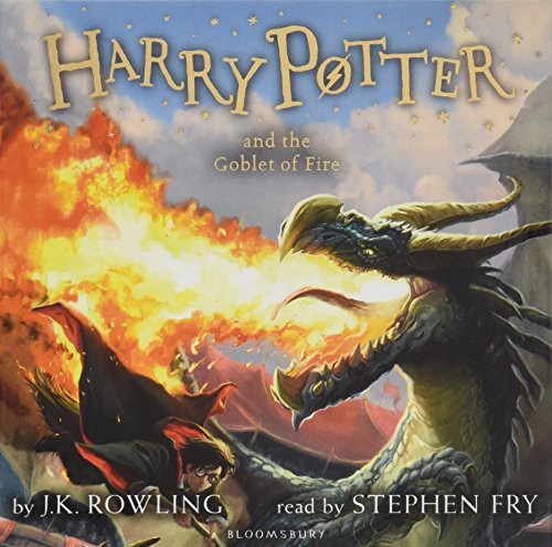 Book cover: "Harry Potter and the Goblet of Fire" with a dragon and flames.