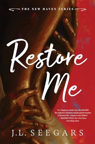 Book cover: close-up of hands and shoulders with bold white title “Restore Me”.