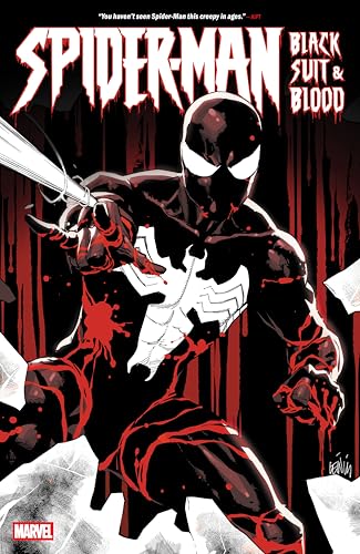 Comic book cover featuring Spider-Man in a black suit with red accents.