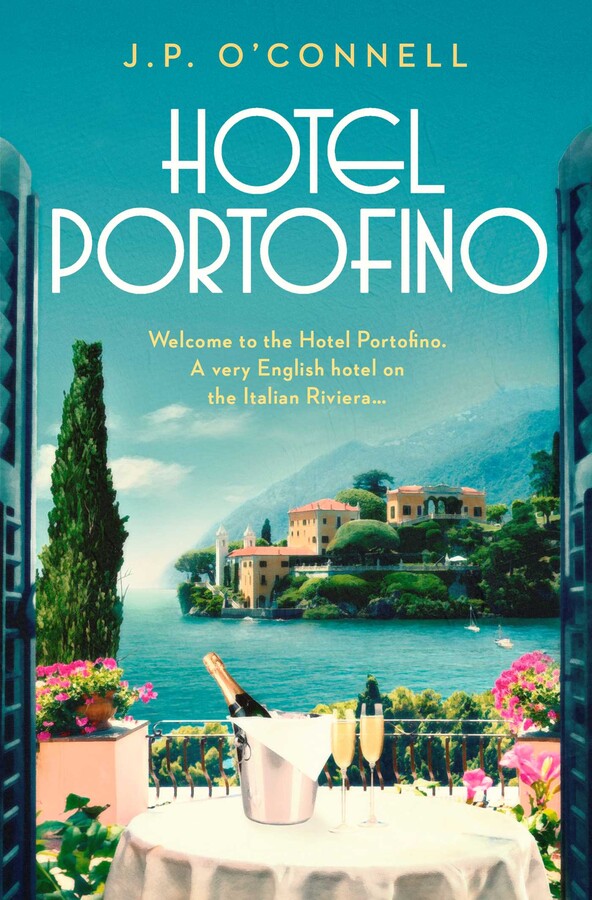 Book cover: "Hotel Portofino" with coastal Italian village view.