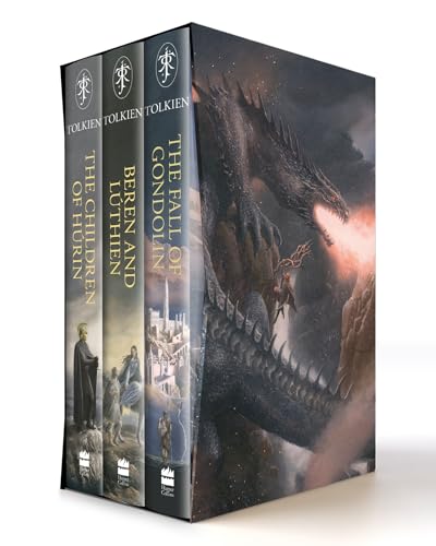 Boxed set of three Tolkien books featuring a dragon on the side.