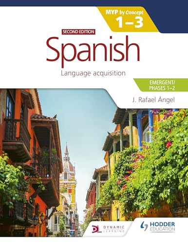 Spanish textbook cover with colorful colonial buildings and text.