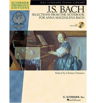 Sheet music cover for J.S. Bach’s selections, featuring a painting of a woman playing piano.