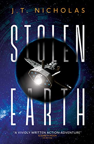 Book cover: “Stolen Earth” with spaceship silhouetted against a dark planet.