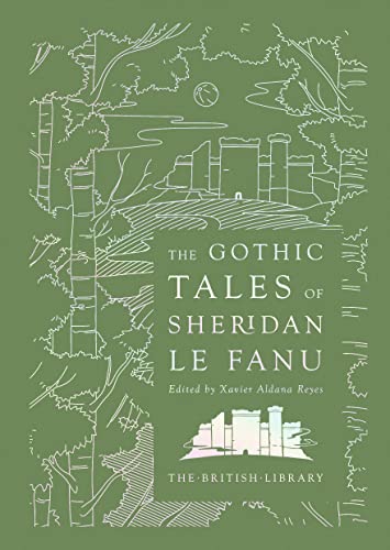 Book cover with white line art of a castle and forest on green background.