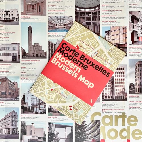 Red and beige map of Brussels architecture with building photos surrounding.