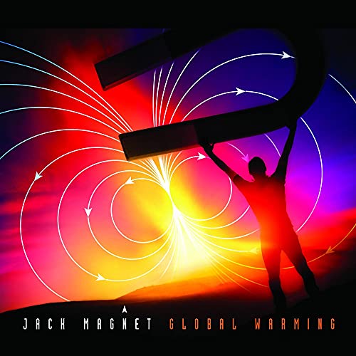 Silhouette of a person holding a large magnet against a vibrant sunset with field lines.