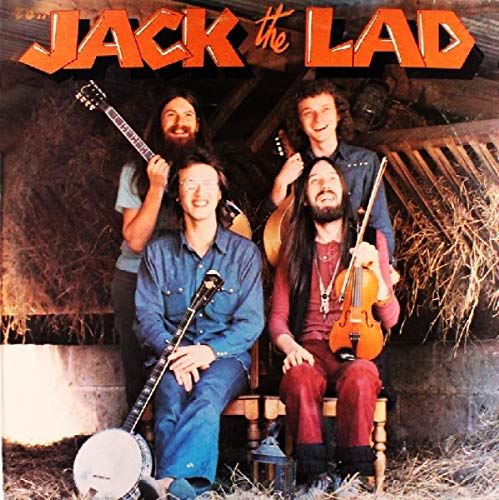 Four musicians with stringed instruments pose in a rustic barn setting.