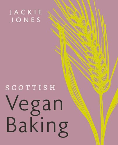 Book cover: "Scottish Vegan Baking" with wheat illustration, purple background.