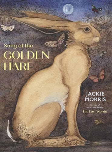 A golden hare sits against a dark, textured background with moths and a moon.