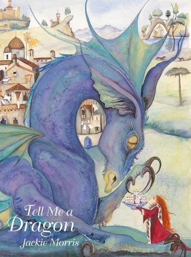 A large blue dragon looks at a girl offering a bowl of tea.