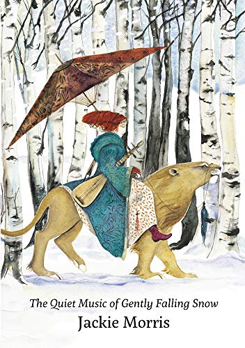 A person in a blue coat rides a large lion through a snowy birch forest.