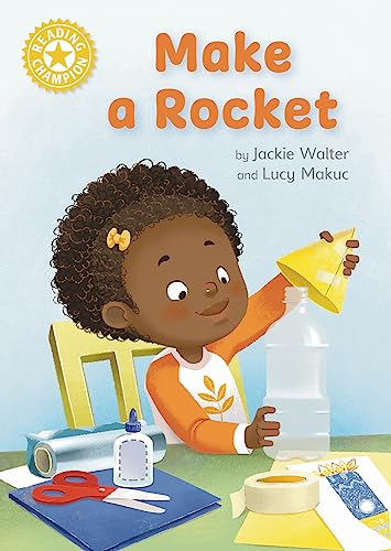 Book cover: girl making a yellow paper rocket with craft supplies.