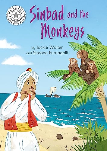 Book cover: Sinbad surprised by monkeys near a beach and ship.