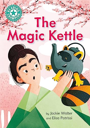 Girl surprised by a blue kettle with raccoon features.