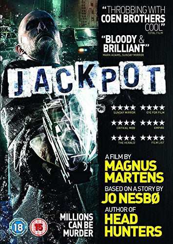 DVD cover for "Jackpot" featuring a man holding a gun, dark blue tones.