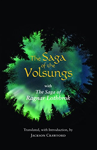 Book cover: “The Saga of the Volsungs” with forest and aurora design.