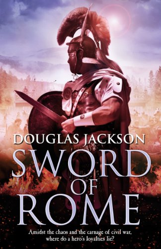 Book cover: Roman soldier with sword and shield, battlefield background.