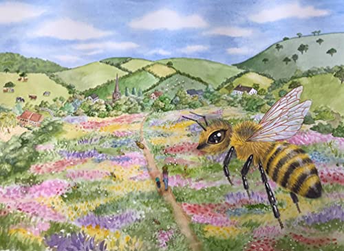 A large bee flies over a wildflower meadow with two small people walking nearby.