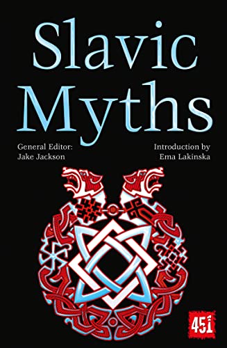 Book cover for "Slavic Myths" featuring red and blue ornamental dragon heads.