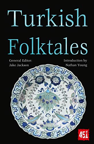 Book cover: "Turkish Folktales" with ornate blue and white pottery design.