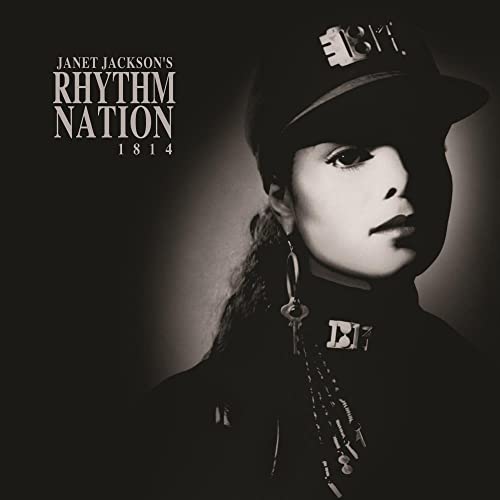 Janet Jackson in military-inspired attire on Rhythm Nation 1814 album cover.