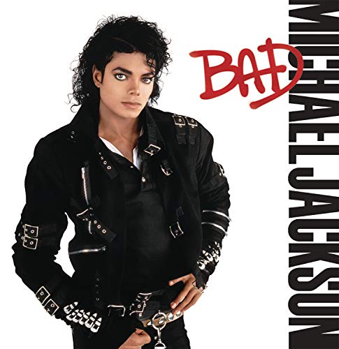 Michael Jackson album cover for “Bad,” featuring him in a black leather jacket.