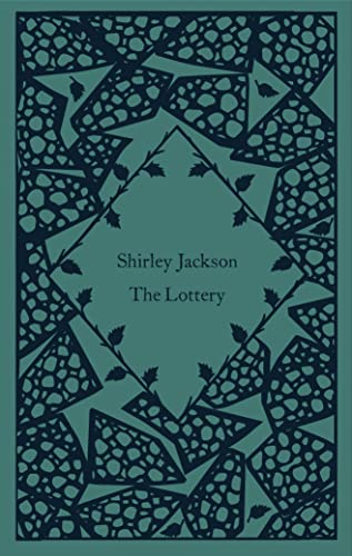 Book cover for "The Lottery" by Shirley Jackson, teal and dark blue design.