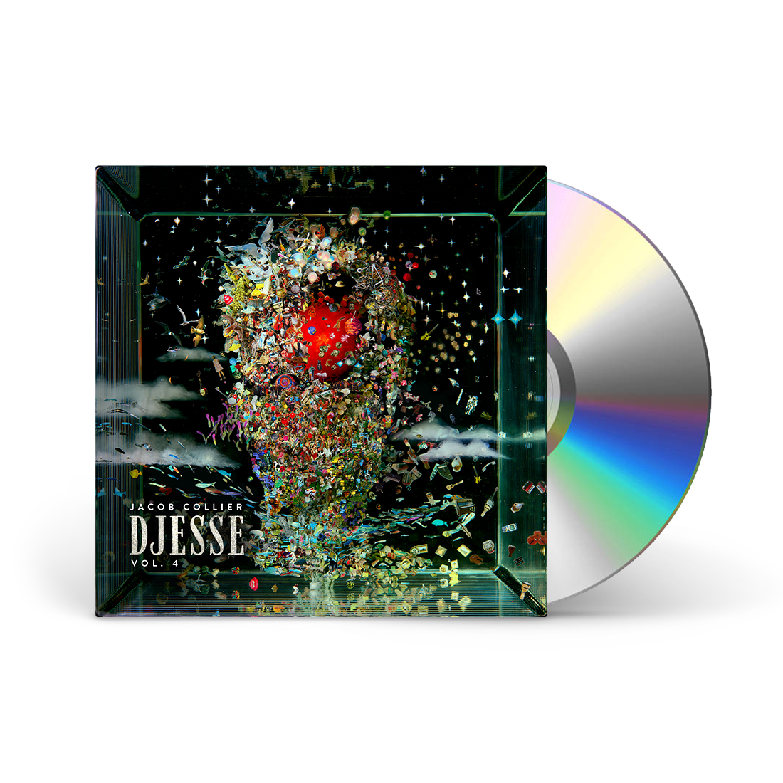 Jacob Collier’s “DJESSE VOL. 4” CD case with rainbow disc visible.